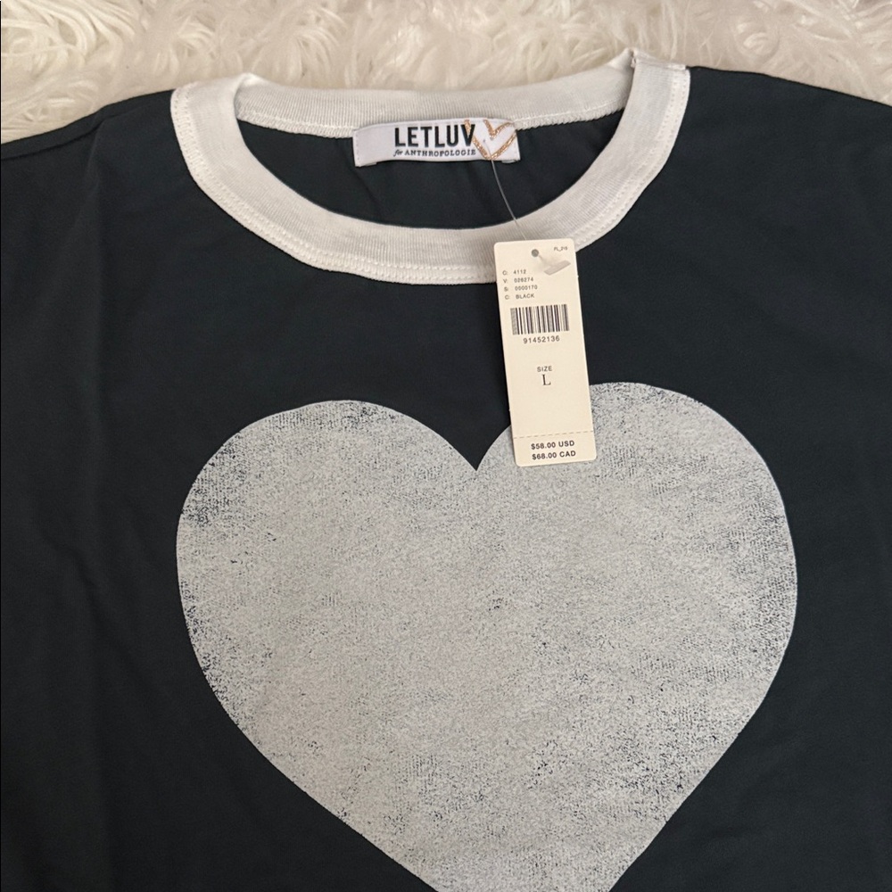 Anthropologie LET LUV Black Tee with White Heart Ringer